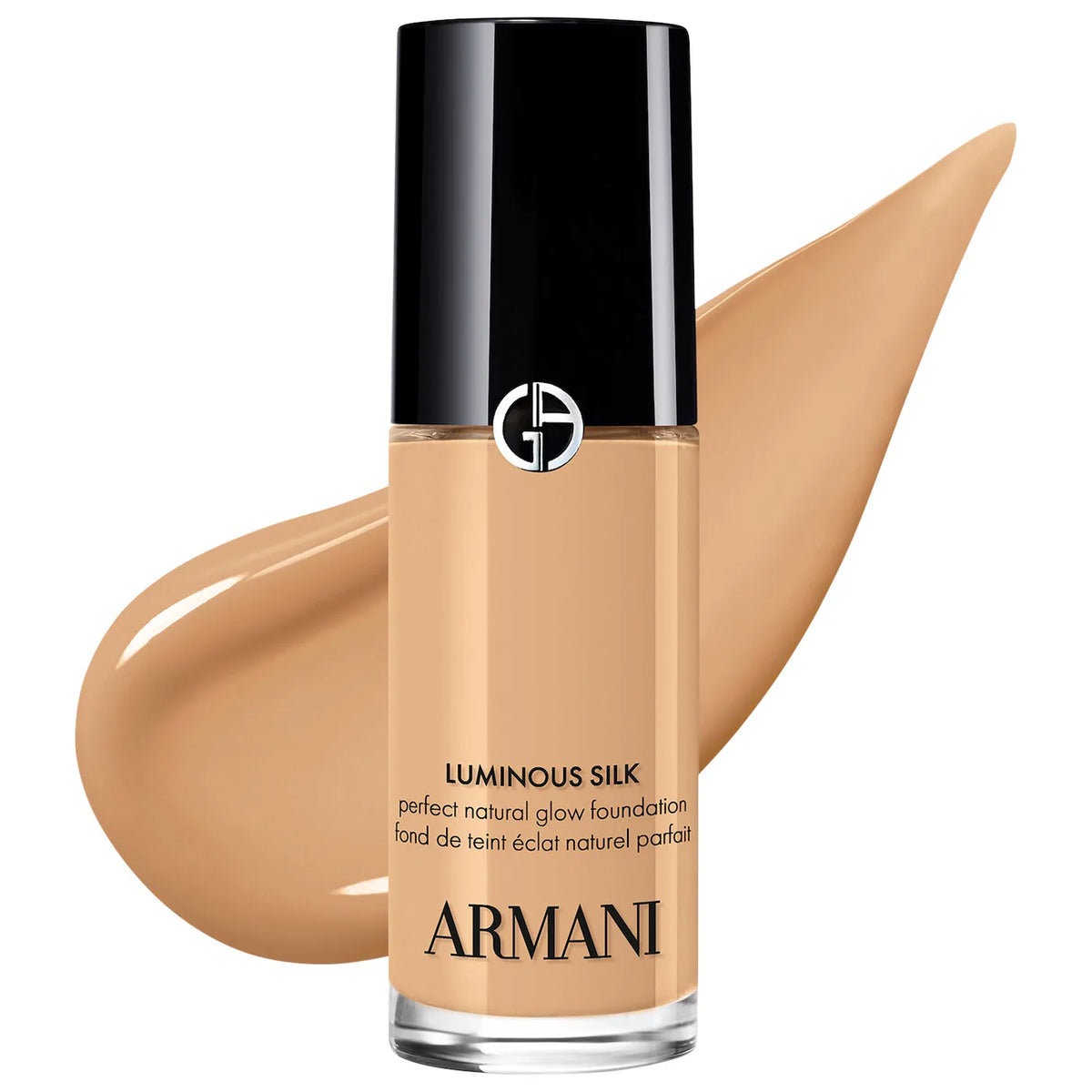 Armani Luminous Silk Perfect Natural Glow Foundation in a clear bottle with a black cap, shown with a beige foundation swatch behind it on a white background.