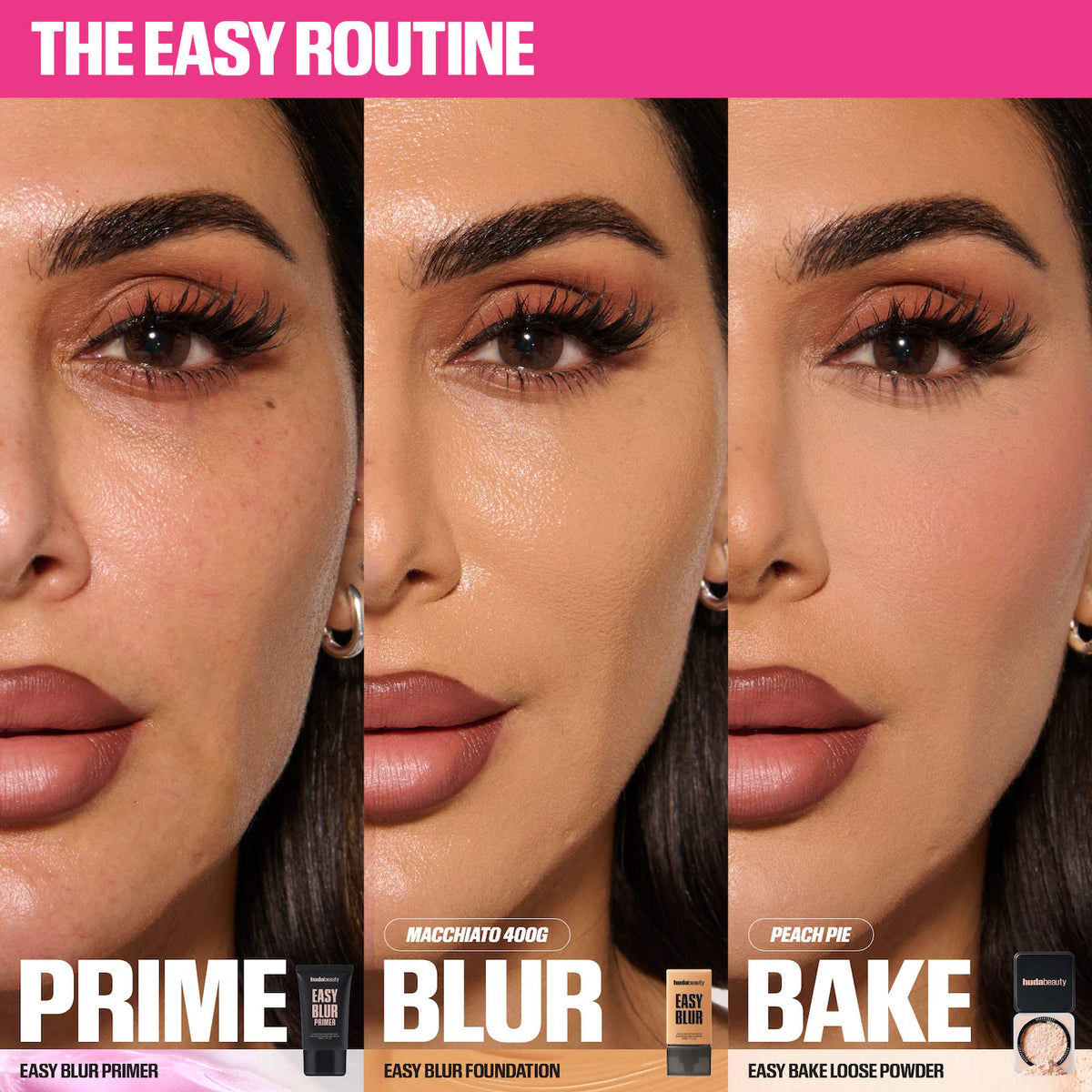 Three stages of makeup application with 'Prime', 'Blur', and 'Bake' products displayed.