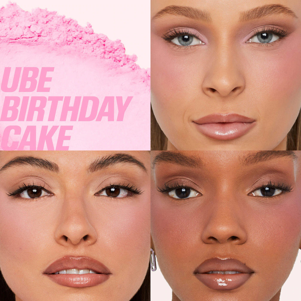 Makeup product with 'UBE BIRTHDAY CAKE' text and close-ups of a woman's face with different skin tones.