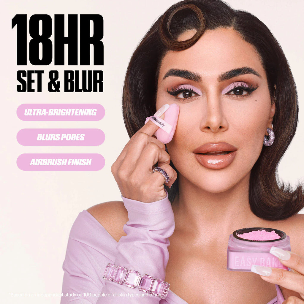 Woman applying makeup with a pink tool, featuring text about product features on a white background.