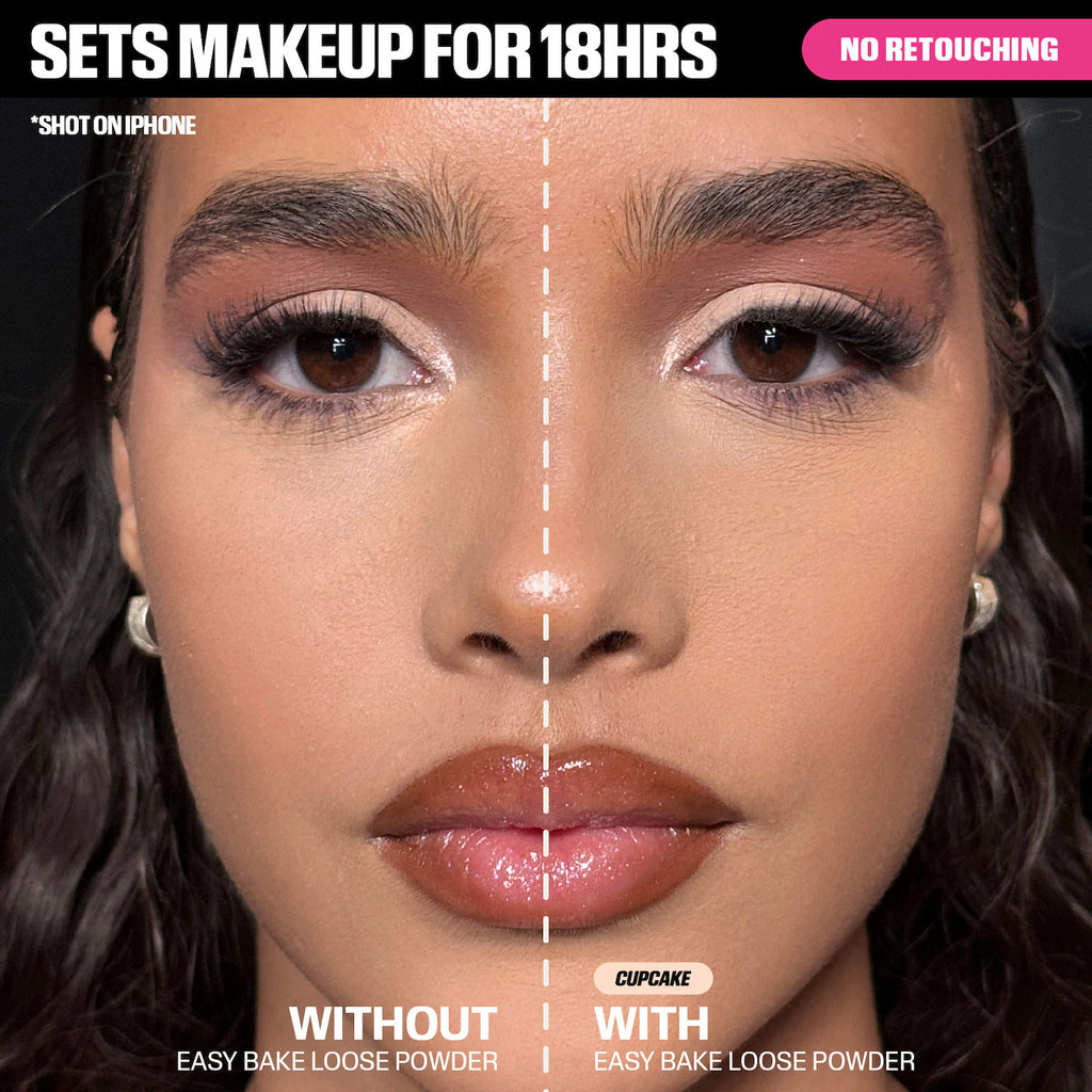 Comparison of makeup with and without Cupcake Cosmetics Easy Bake Loose Powder on a model's face.