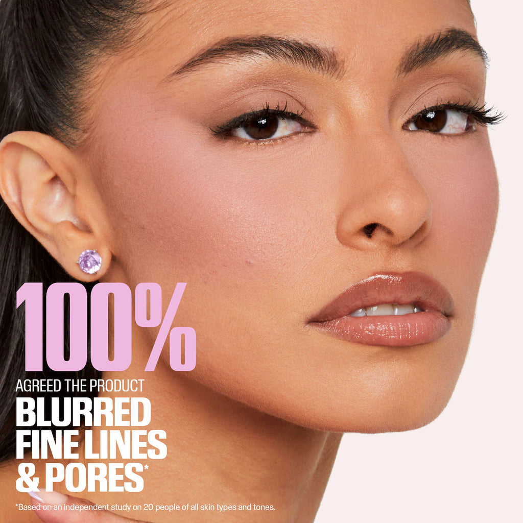 Close-up of a woman's face with text about product effects on skin.