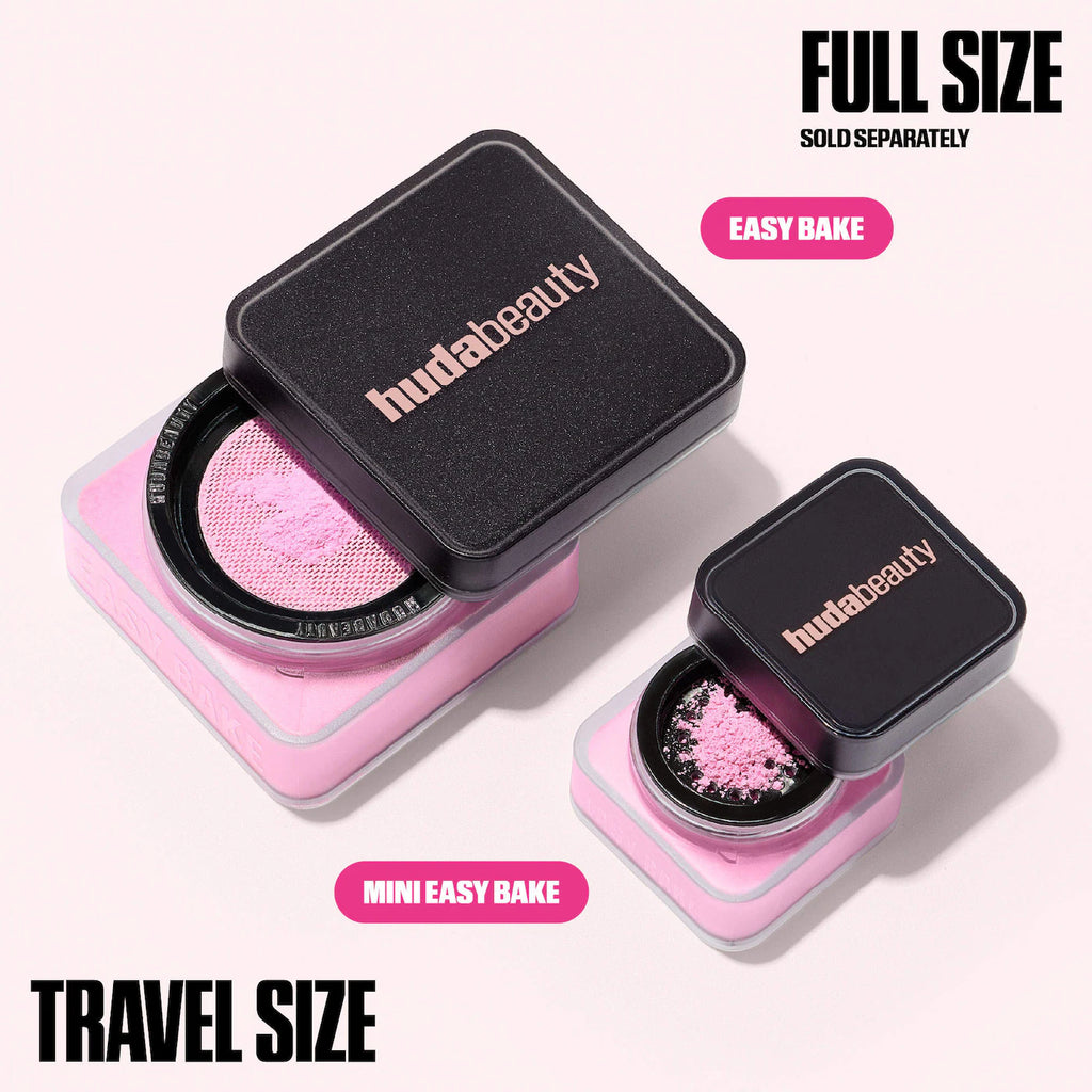 Huda Beauty makeup product packaging with 'Full Size' and 'Travel Size' options on a white background.