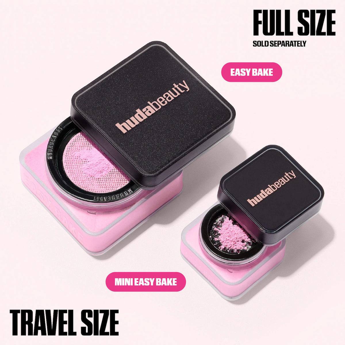 Huda Beauty makeup product packaging with 'Full Size' and 'Travel Size' options on a white background.