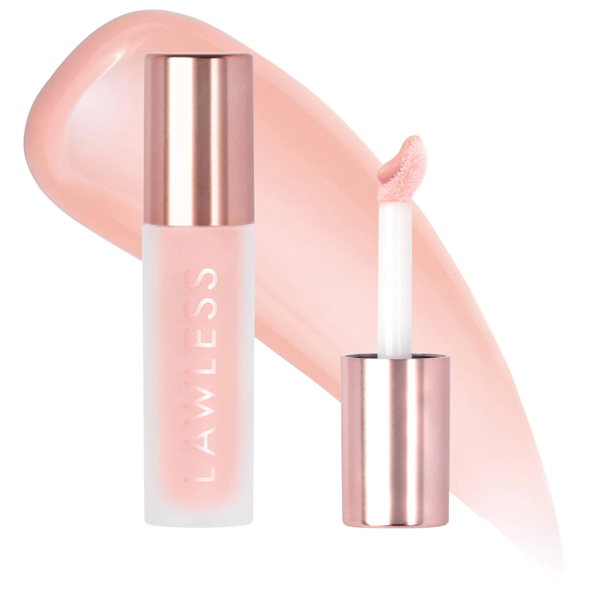 Lip balm with rose gold cap and white container on a light pink background