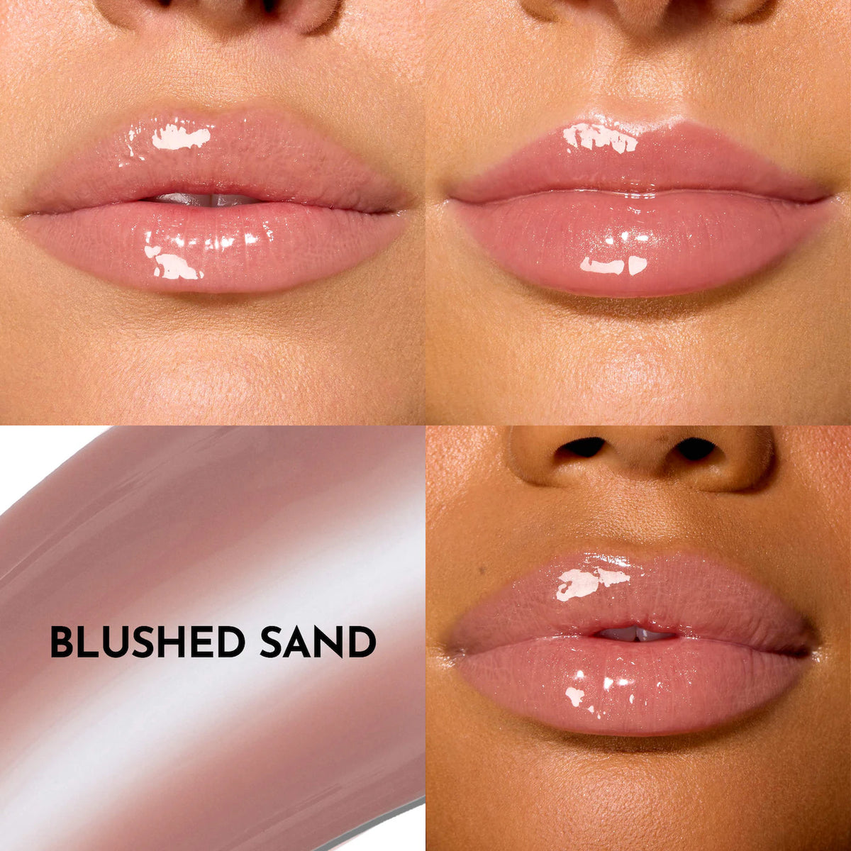 Close-up of lips with 'Blushed Sand' lipstick shade on a neutral background