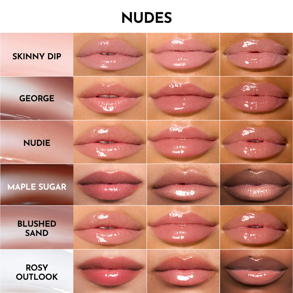 Collection of nude lipsticks on a neutral background with labels underneath.