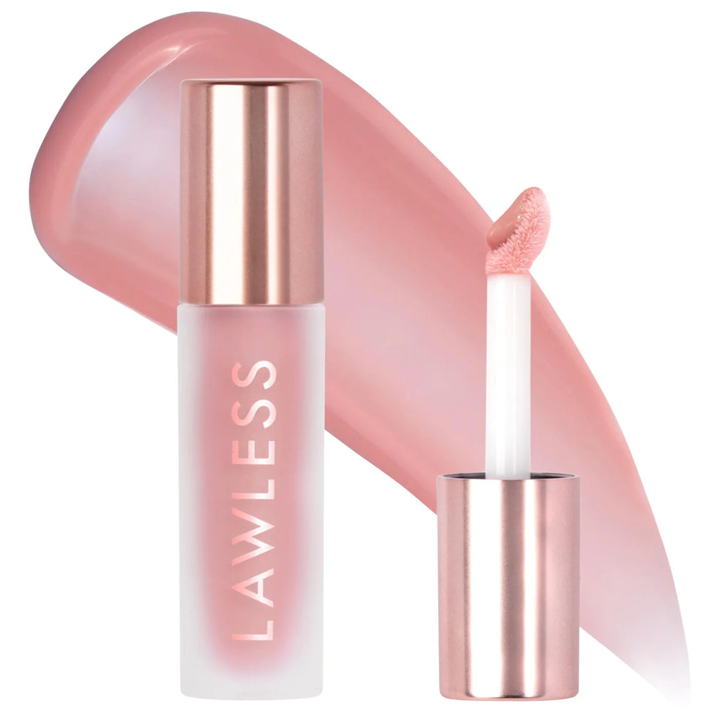 Lipstick with rose gold cap and body, featuring the brand 'Lawless', on a white background.