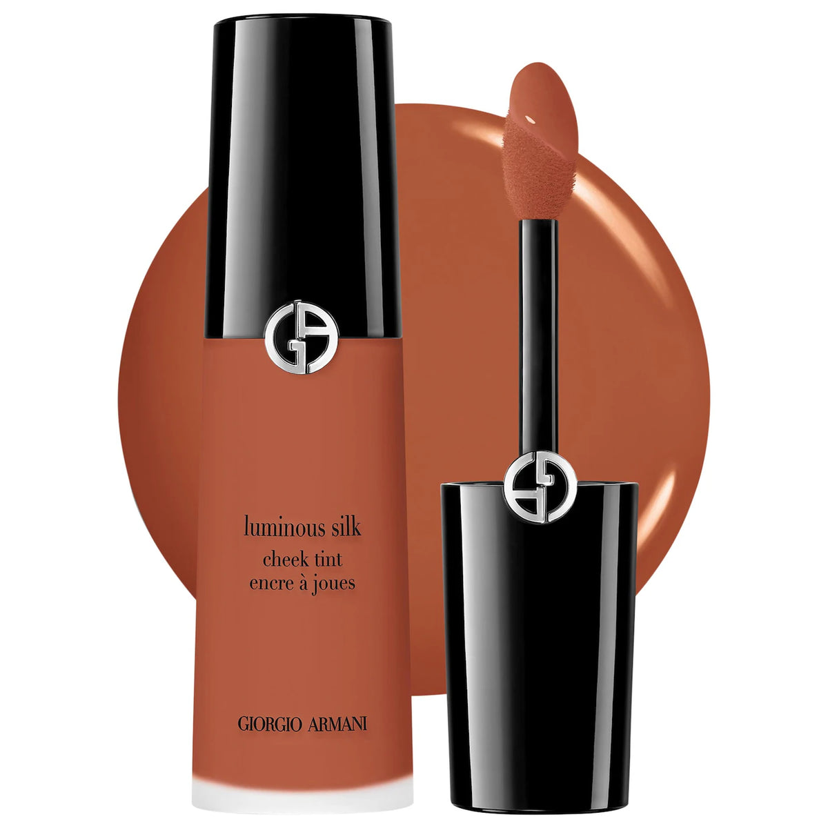 Giorgio Armani makeup products with a brown color swatch on a white background