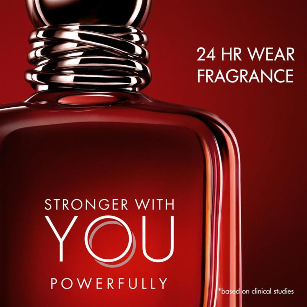 Red perfume bottle with silver cap on a red background, featuring text about 24-hour wear fragrance.