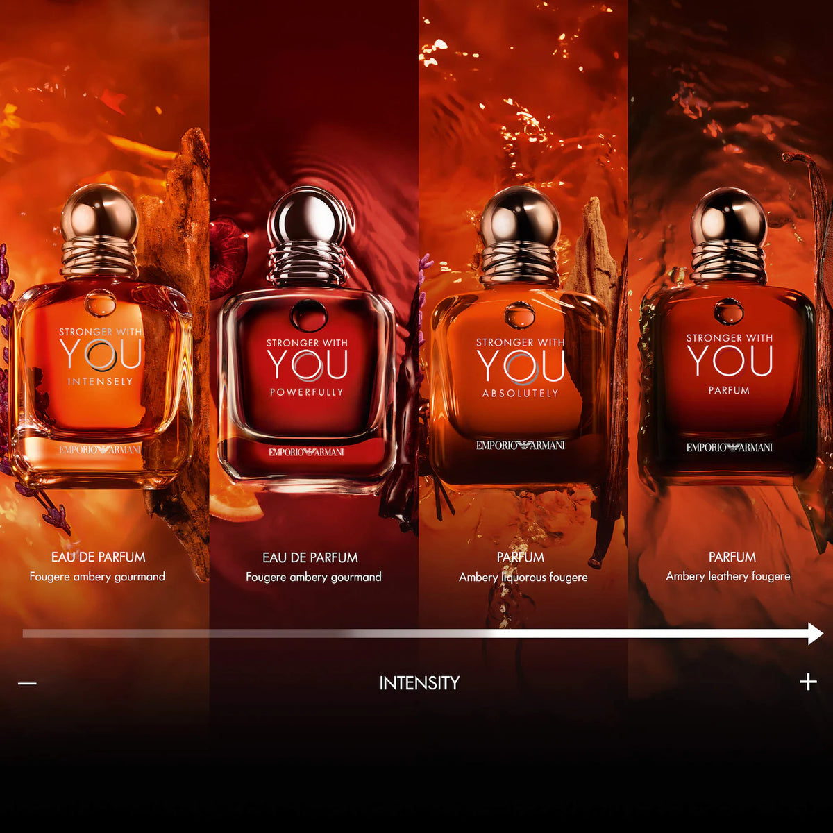 Four bottles of Emporio Armani perfume with varying intensities on a dark background.