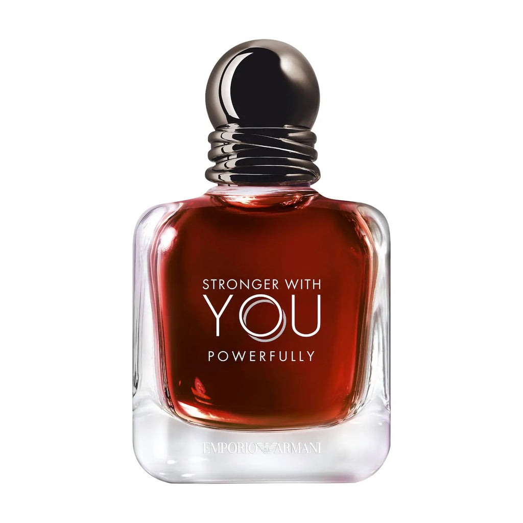 Emporio Armani Stronger With You Powerfully perfume bottle, featuring a clear glass body filled with amber-red liquid, a black textured neck, and a glossy black spherical cap, set against a plain white background.