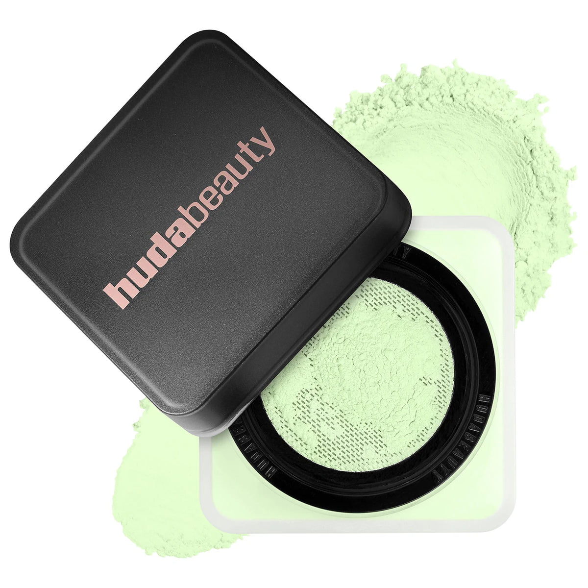 Huda Beauty compact with green powder on a white background