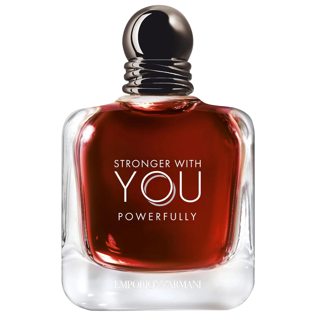 Emporio Armani Stronger With You Powerfully perfume bottle, featuring a clear glass body filled with amber-red liquid, a black spherical cap, and white text on the front, set against a plain white background.