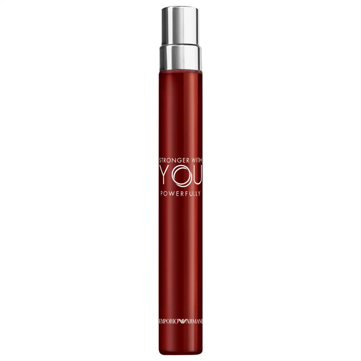 A single cylindrical cosmetic bottle with a metallic deep red body and a silver cap, centered on a plain white background. The bottle features white text reading 'STRONGER WITH YOU POWERFULLY' and 'BPOWRRY POWERFULY' near the bottom.