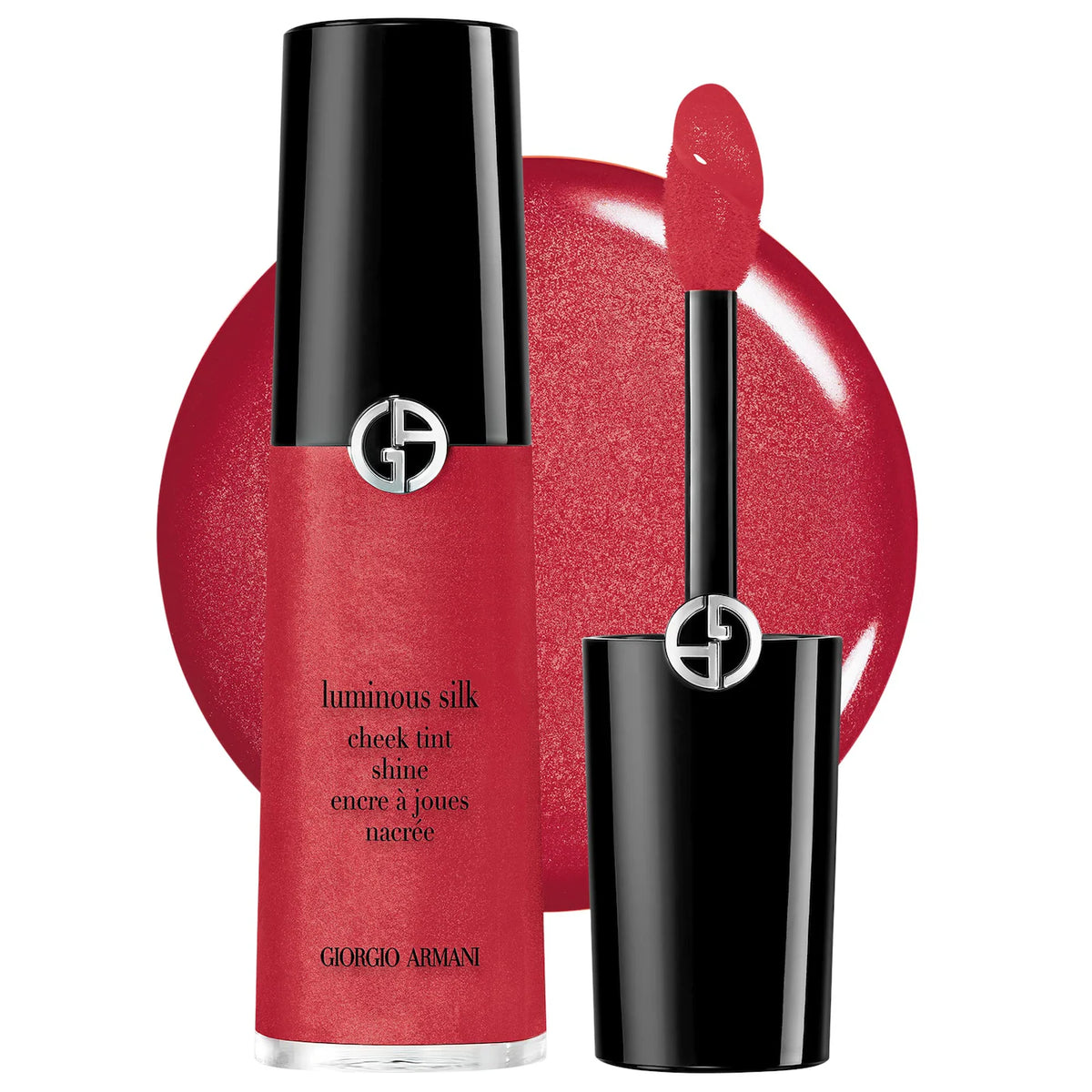 Giorgio Armani Luminous Silk Check Tent Shine in Enere a Joves (nude red), shown with the bottle, applicator wand, and a circular swatch of the shimmering red-pink product on a white background.