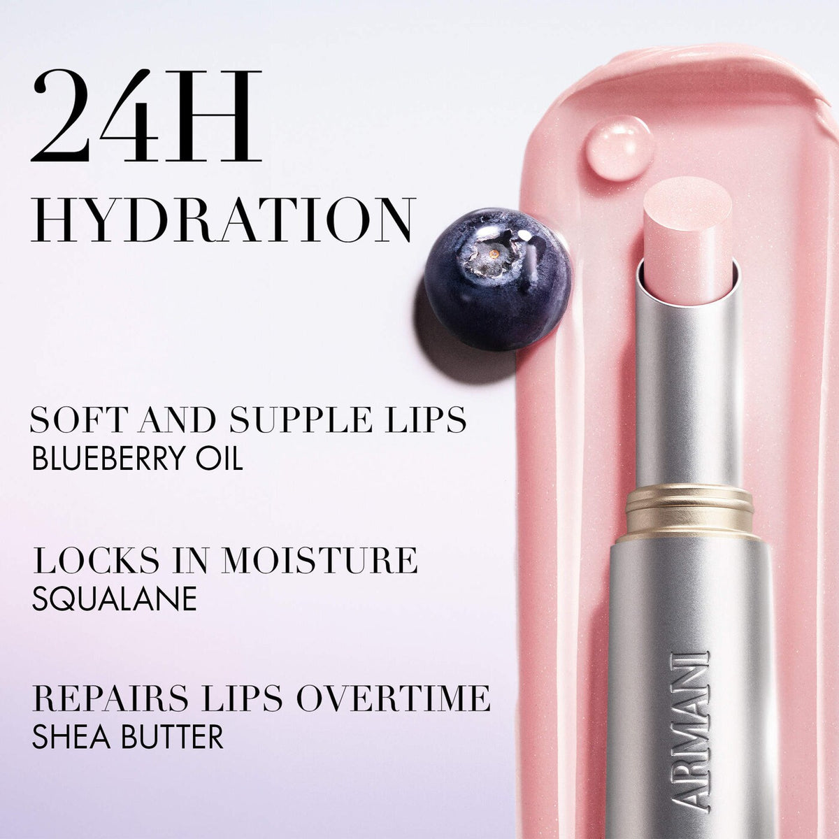 Lip balm with blueberry oil and Armani branding on a light purple background