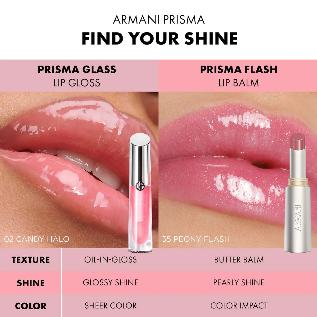 Armani Prisma lip gloss and lip balm comparison with close-up of lips wearing the products.