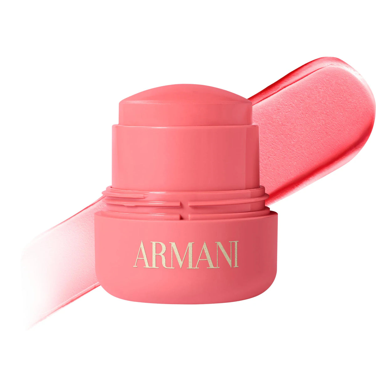 Pink cosmetic stick with open cap, featuring Armani logo on a white background