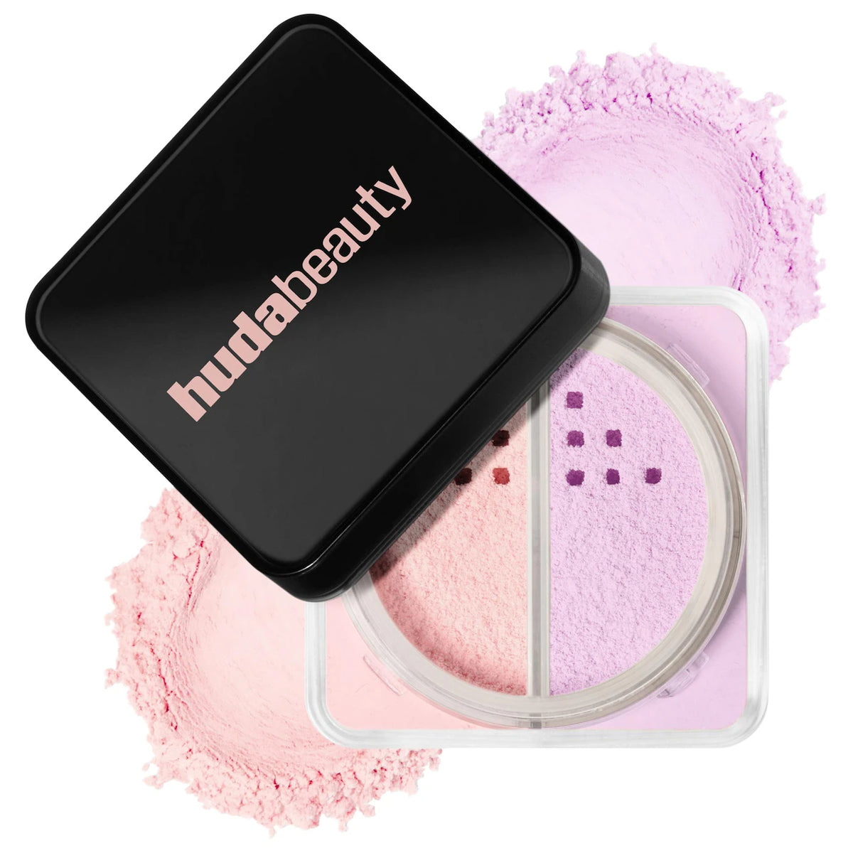 Huda Beauty two-pan blush compact shown open with the black lid placed diagonally on top. The pans contain light pink and lavender-pink powder, with loose powder swatches behind the compact on a white background.