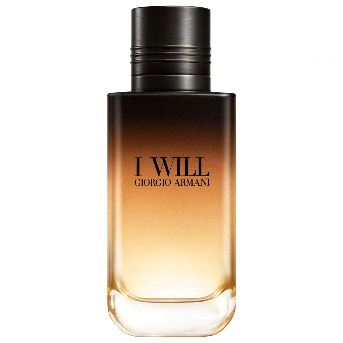 Giorgio Armani I Will Eau de Toilette bottle with a black-to-gold gradient glass body and a black cap, shown on a plain white background.