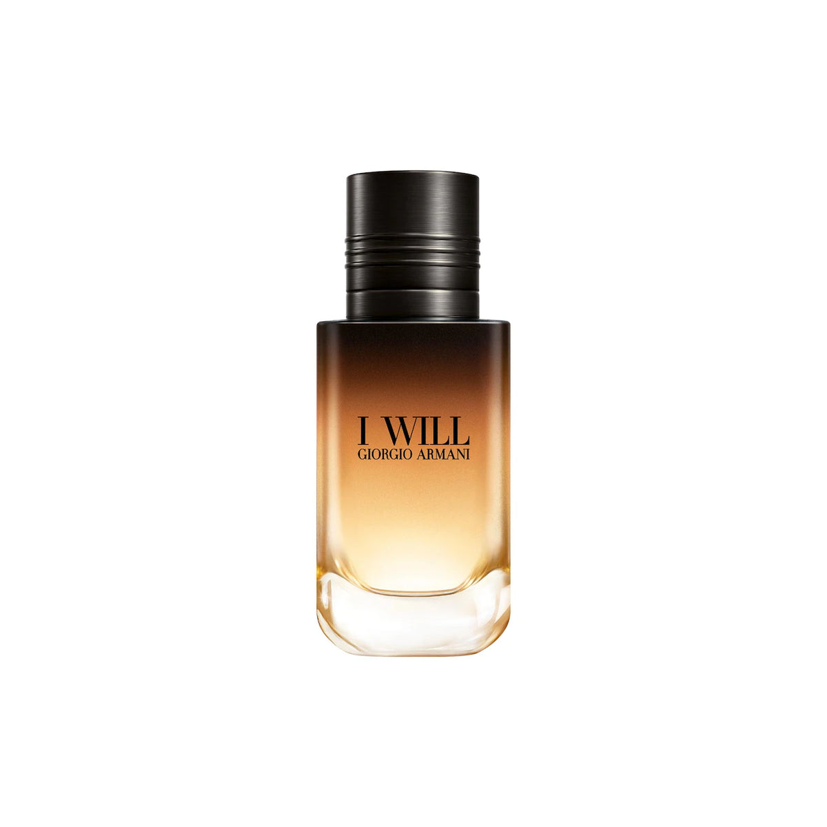 Giorgio Armani I Will Eau de Toilette bottle, featuring a gradient amber-to-clear glass body and a textured black cap, centered on a solid white background.