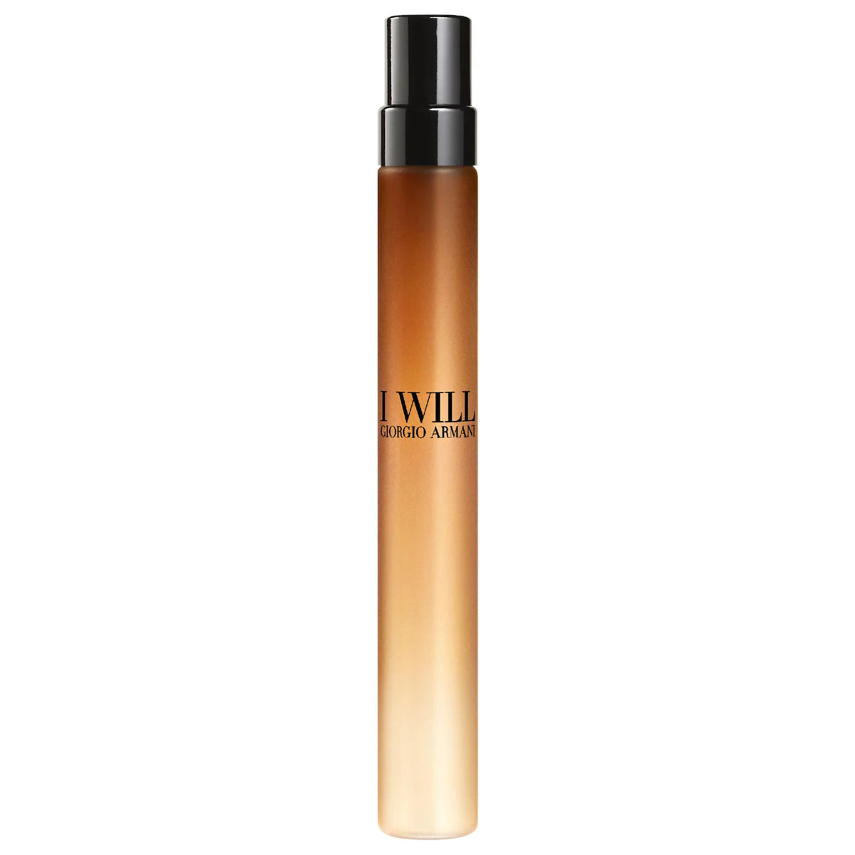 A Giorgio Armani 'I Will' hair oil bottle with a black spray nozzle and a warm amber-to-gold gradient body, centered on a plain white background.