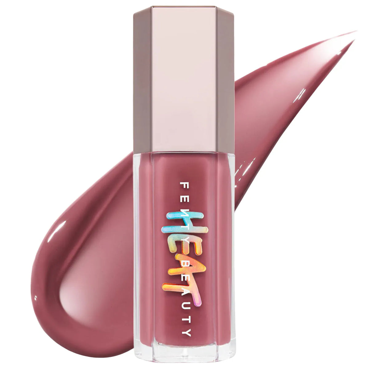 Fenty Beauty liquid lipstick in a clear tube with a metallic rose gold cap, shown with a glossy mauve-pink product swatch behind it on a white background.