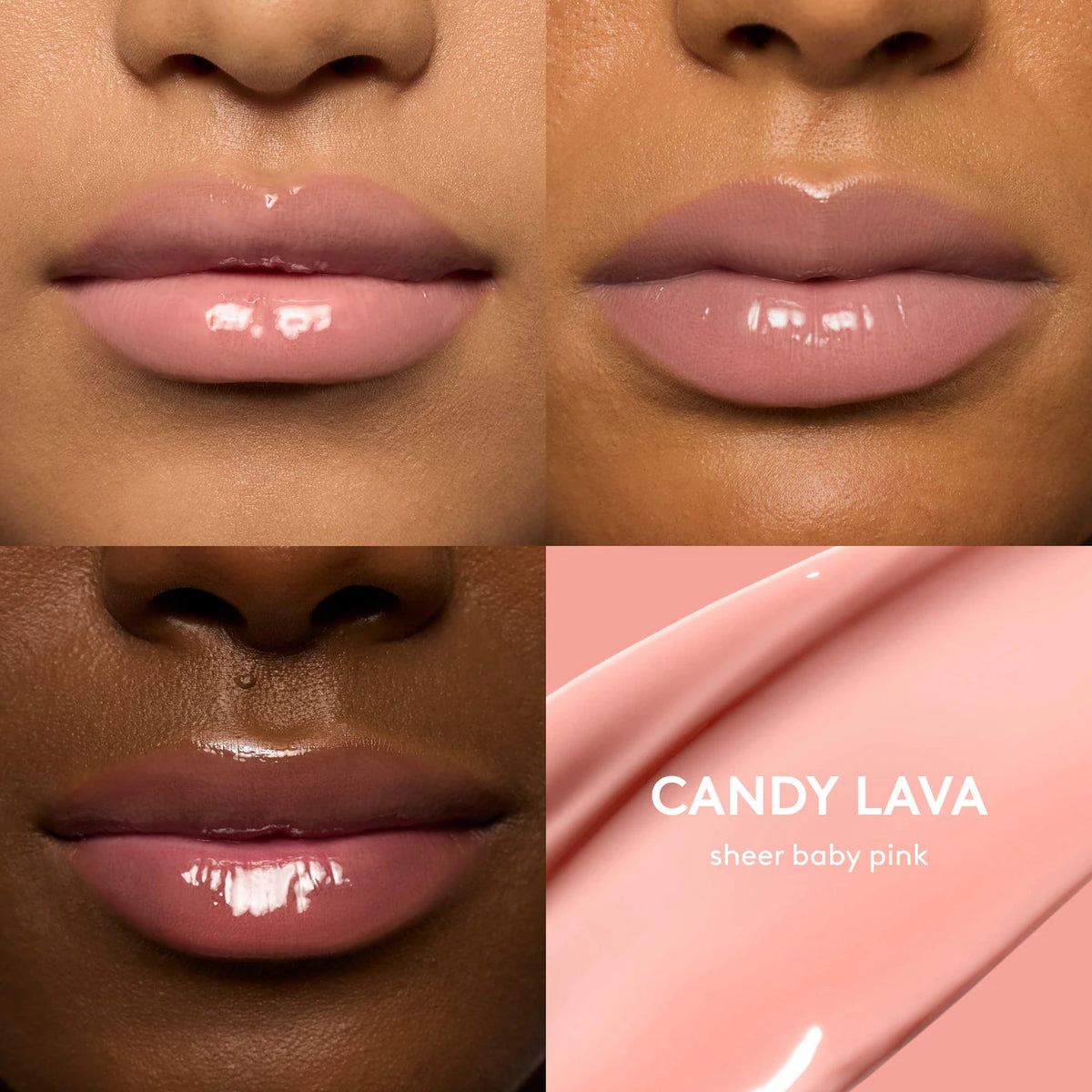 Four-panel close-up showing glossy sheer baby pink lip color on different skin tones, with a pink swatch panel labeled 'CANDY LAVA sheer baby pink'.