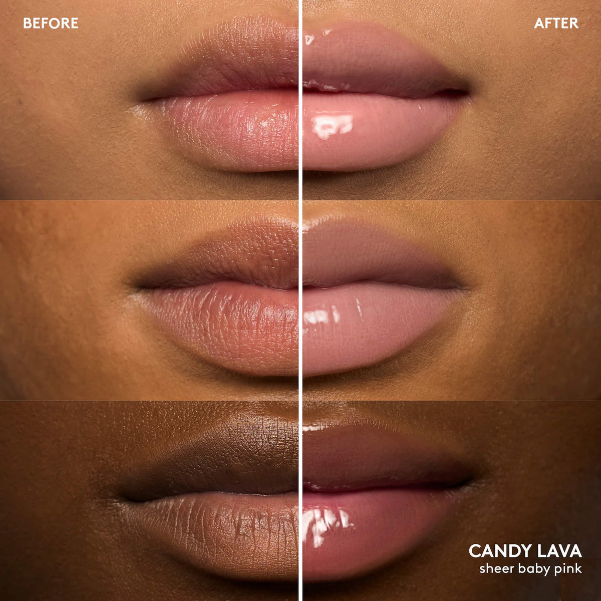 Close-up before-and-after lip color comparison on three skin tones, showing a sheer baby pink gloss labeled 'CANDY LAVA sheer baby pink' on the after side.