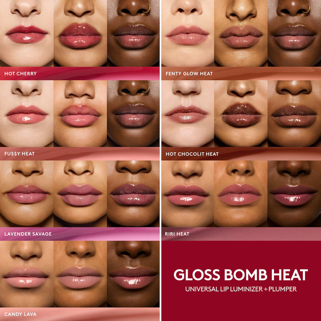 A lip gloss shade chart for Gloss Bomb Heat by NYX, showing multiple close-up lip swatches labeled Hot Cherry, Fenty Glow Heat, Fuzzy Heat, Hot Chocolit Heat, Lavender Savage, Riri Heat, and Candy Lava, with a dark red panel reading 'GLOSS BOMB HEAT UNIVERSAL LIP LUMINIZER + PLUMPER'.