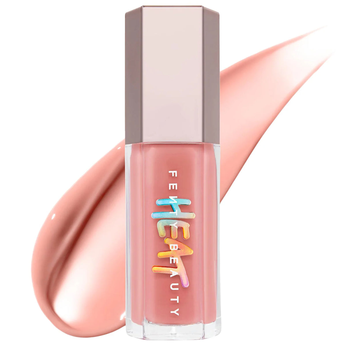 Fenty Beauty liquid lipstick in a clear tube showing a peachy pink shade, with a metallic rose gold cap and a matching peachy pink product smear behind it on a white background.