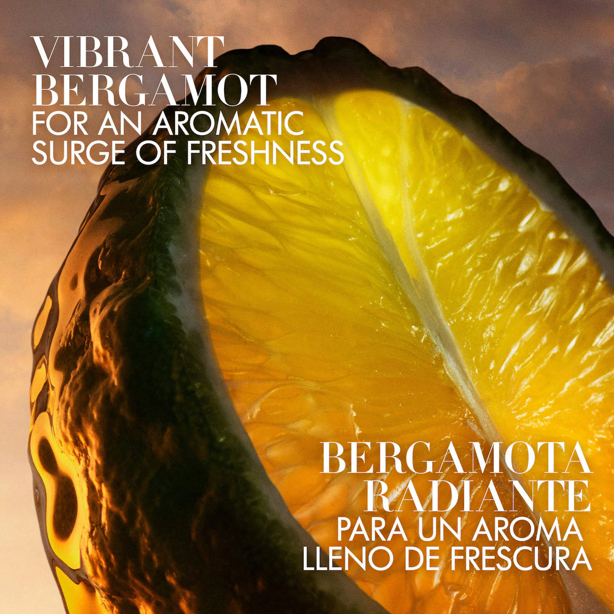 Aromatic fragrance artwork featuring a close-up of a bergamot half with bold white text reading 'Vibrant Bergamot For An Aromatic Surge Of Freshness' and 'Bergamota Radiante Para Un Aroma Lleno de Frescura' over a warm orange sky background.