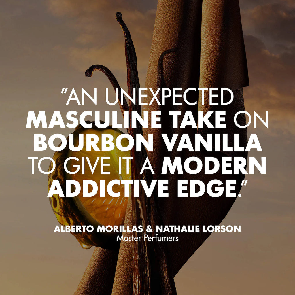 A perfume-themed graphic with large white quote text over a close-up of brown vanilla pods against a warm beige sky. The text reads: “AN UNEXPECTED MASCULINE TAKE ON BOURBON VANILLA TO GIVE IT A MODERN ADDICTIVE EDGE.