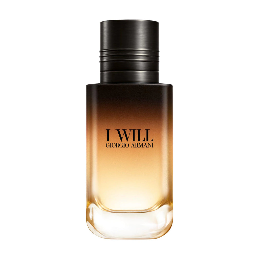 Giorgio Armani I Will Eau de Toilette bottle with a black-to-gold gradient glass body and a black cap, shown on a plain white background.