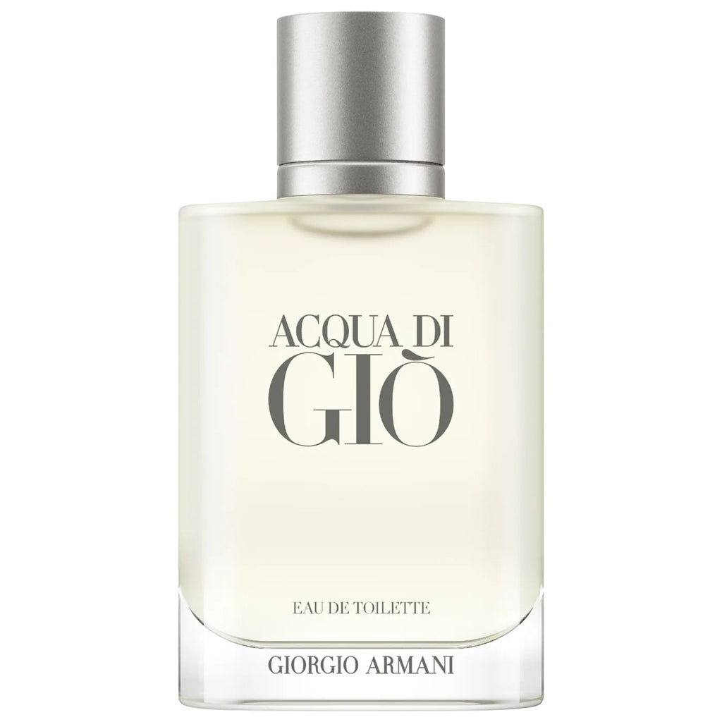 Giorgio Armani Acqua di Gio Eau de Toilette perfume bottle with a silver cap and clear glass body, shown on a white background.