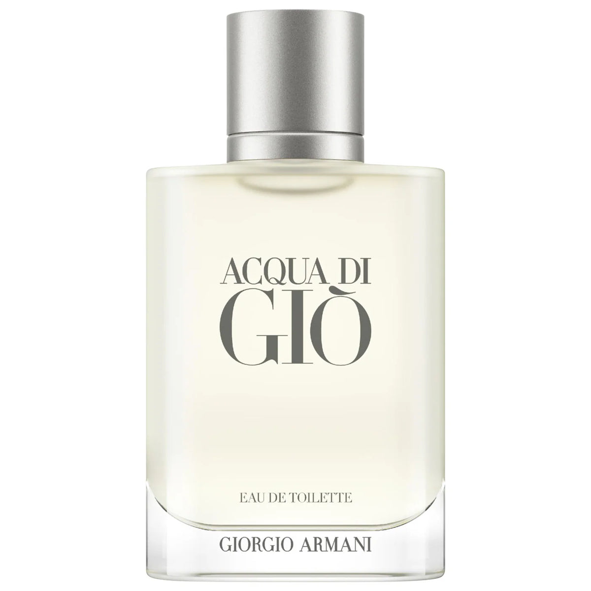 Giorgio Armani Acqua di Gio Eau de Toilette perfume bottle with a silver cap and clear glass body, shown on a white background.