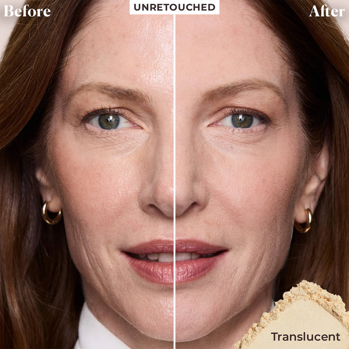 Before and after comparison of a woman's face with 'Unretouched' in the middle.