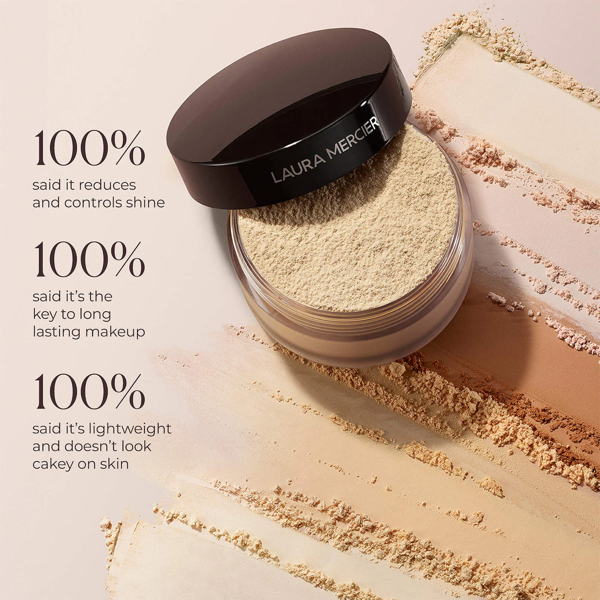Laura Mercier powder with text highlighting its benefits on a beige background