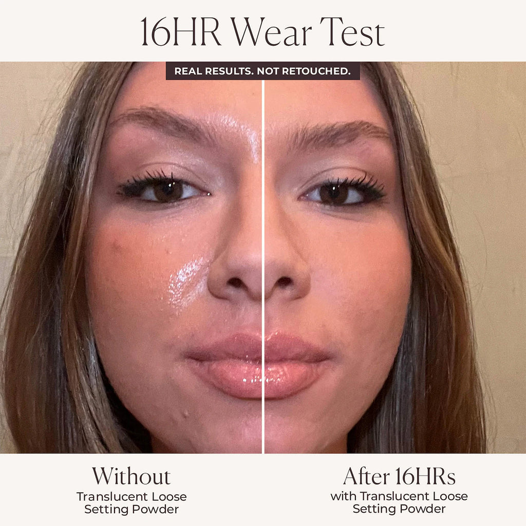 Before and after comparison of a woman's face with translucent loose setting powder.