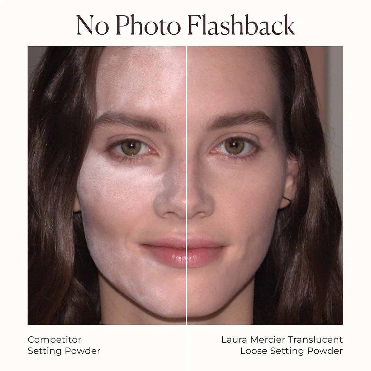 Comparison of setting powder effects on a person's face with text 'No Photo Flashback'.