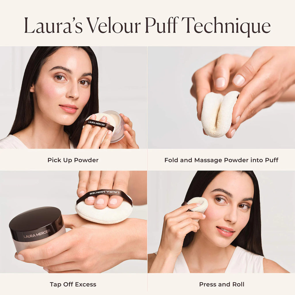 Step-by-step guide on using a Laura Mercier velour puff with text instructions.